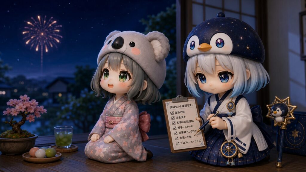 挿絵①・心愛が夜空を見上げ、小さな花火がひとつ咲いているシーン。隣で海空が投稿セットのチェックリストにそっと印をつけている。初夏の夜・落ち着いた色味。