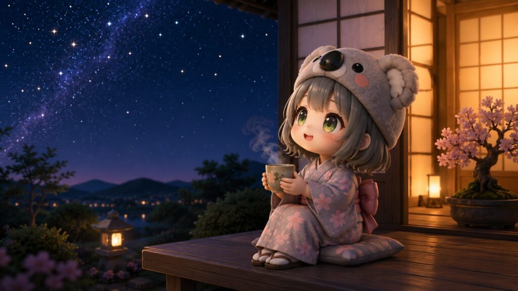 挿絵④・心愛が夜の縁側で、静かに星空を見上げながら今日あった人を想っている一コマ