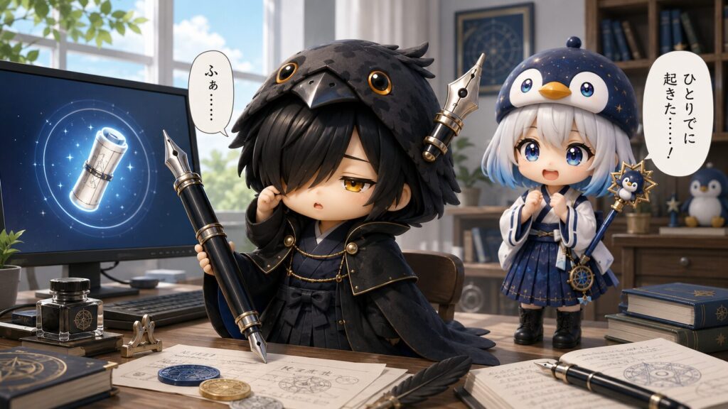 挿絵①（16:9）・自動監視モニターにバトンが映った合図で、黒羽がボタンも押さずにひとりでに目を覚まし、巨大万年筆を手に制作をはじめた、はじめての初稼働の瞬間。海空がおどろいて見守っている。