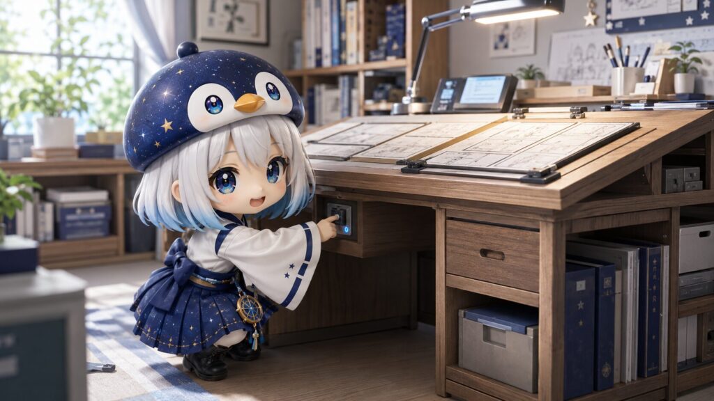 挿絵②・海空が机の裏側でそっと編集台のスイッチを入れ直しているシーン。表側では作業がスムーズに流れている。初夏の室内・自然光。