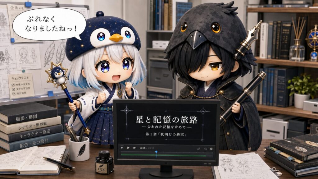 挿絵①(16:9)・モニターに、文字のぶれない安定した動画が映り、海空と黒羽が「ぶれなくなった!」と並んで確認している、動画プロンプト仕様アップデートのシーン。