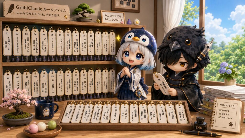  挿絵④・バトンの形のタグが整然と並んでいて、海空が満足そうにながめ、黒羽がひとつのタグを確認している場面。