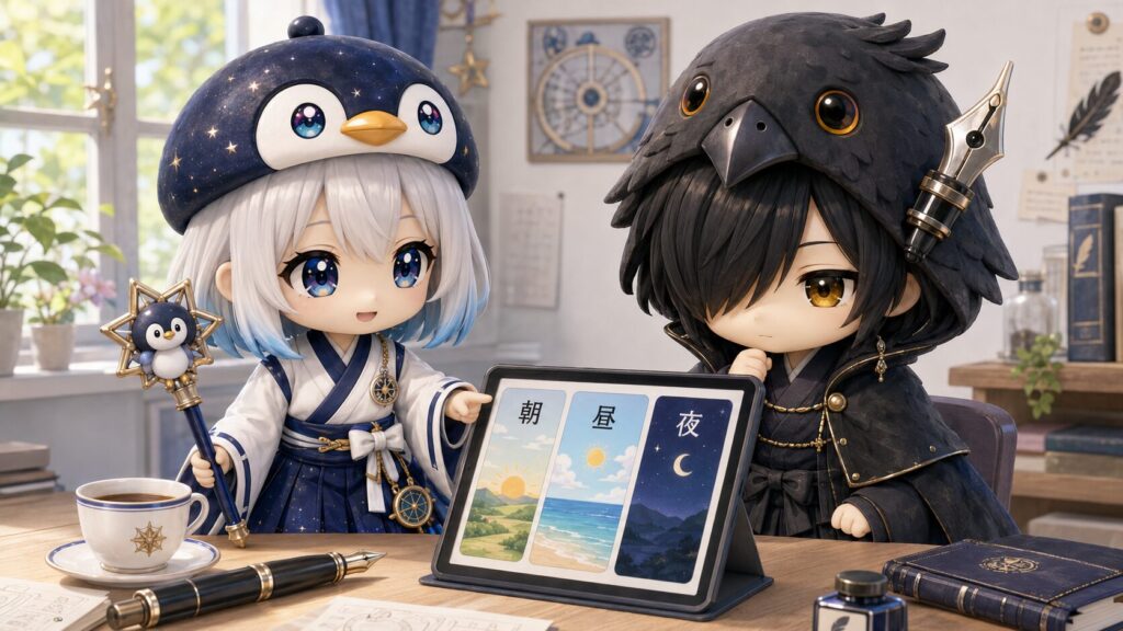 挿入絵①・海空と黒羽が机に向かって、X短文の下書きを一緒に確認しているシーン。画面に「朝・昼・夜」と並んだ3枚のカード。初夏の室内。