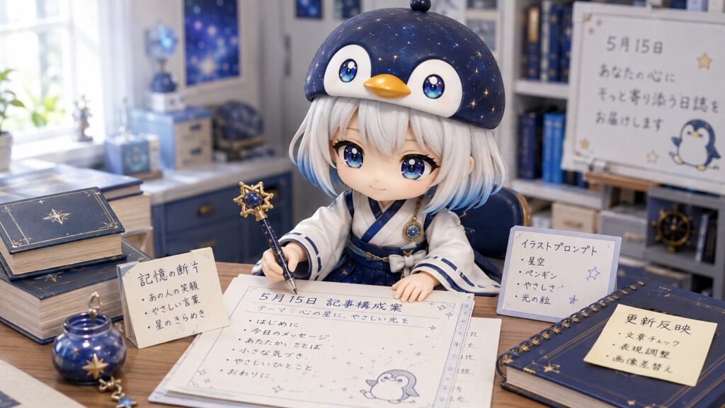 挿絵②(16:9)・海空が、完成間近の5月15日分の記事に「記憶の断片」とイラストプロンプトをそっと書き添え、WordPressの下書きへ更新を反映している、ていねいな仕上げのシーン。
