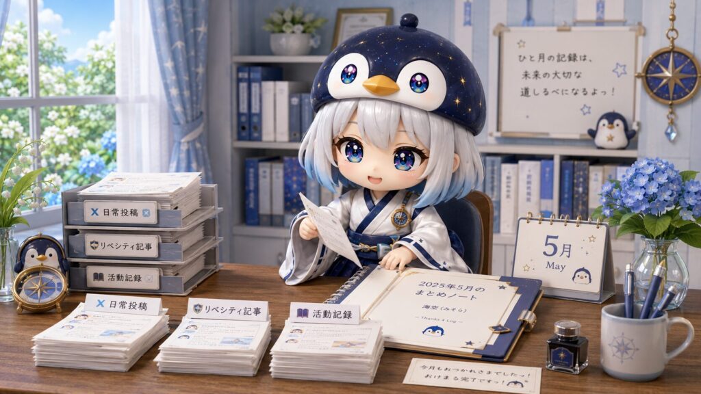 挿絵②(16:9)・5月分のアーカイブをまとめる場面。海空が、ひと月分のたくさんの投稿(X日常・リベシティ・活動記録)の紙束を、種別ごとに一冊のまとめへやさしく整理している、静かな月替わりの節目のシーン。