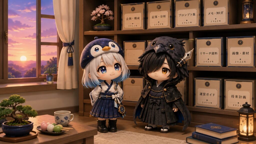 挿絵⑥・夕暮れの明かりの中、海空と黒羽が整った書棚を前に並んで静かにたたずんでいる場面。窓の向こうに柔らかな夕空が広がっている。