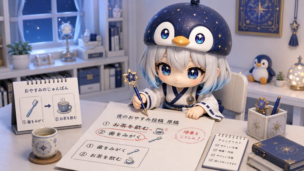 挿絵②（16:9）・海空が、夜スロットの「お茶と歯みがきの順番」のくいちがいを代理でそっと直し、秋色さんとチームで読み合わせながら流れを整えている、ていねいな手直しのシーン。
