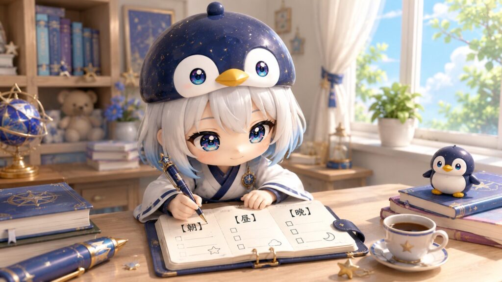挿絵①・朝の書斎で海空が手帳のようなノートに【朝】【昼】【晩】と書き込んでいる。窓の外には朝の光。