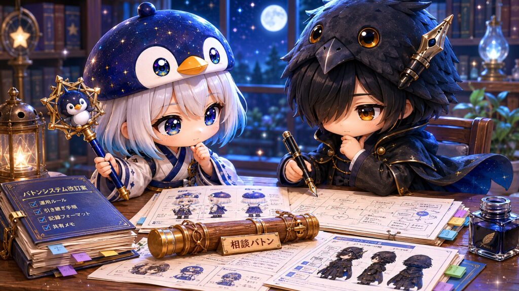 挿絵③・海空と黒羽が作業机を挟んで真剣にバトンシステムの書類を見つめている一コマ