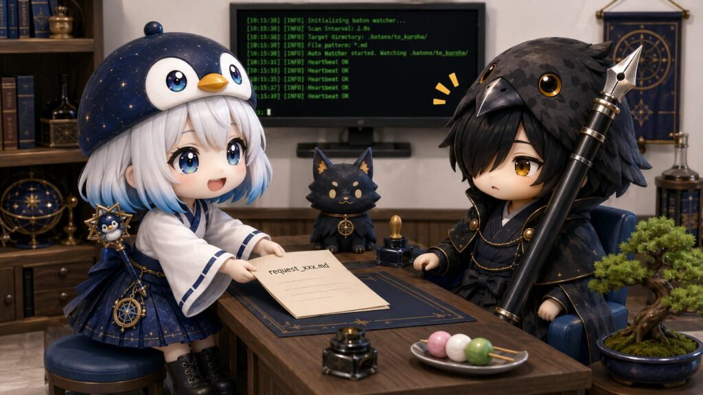 挿絵②（16:9）・作業部屋のコンソール画面に「Auto Watcher started. Watching .batons/to_kuroha/」のような起動ログが流れ、海空が「置きましたよっ」とバトンファイルを置いた瞬間に、黒羽が「ふぁ……届いたよ」と顔を上げる、Auto Watcher 稼働開始のシーン。