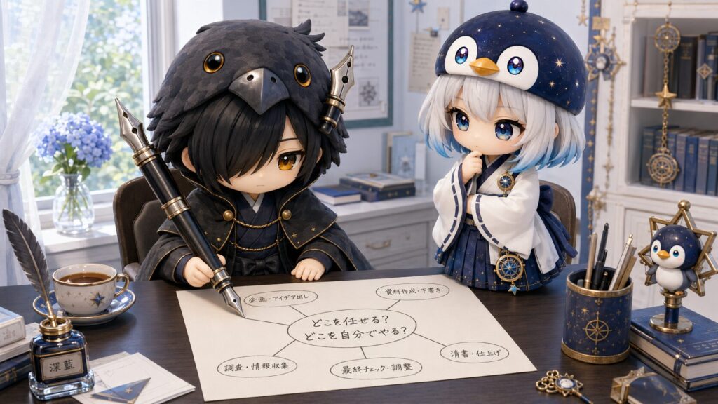 挿絵③・黒羽が万年筆で「どこを任せる?どこを自分でやる?」と書いたメモを机に広げ、海空が隣で腕を組んで考えているシーン。