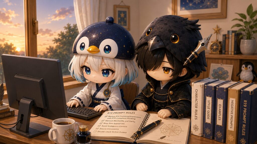 挿絵⑤・海空が画面の一文を慎重に差し替えている場面。黒羽がうなずきながら横に立っている。作業台の上に整理されたバトンのファイルが並んでいる
