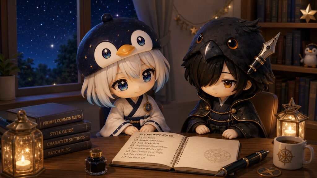 挿絵⑥・夜のおだやかな明かりの中、海空と黒羽がルールノートを前に並んで静かにたたずんでいる場面。窓の向こうに初夏の夜空が広がっている。