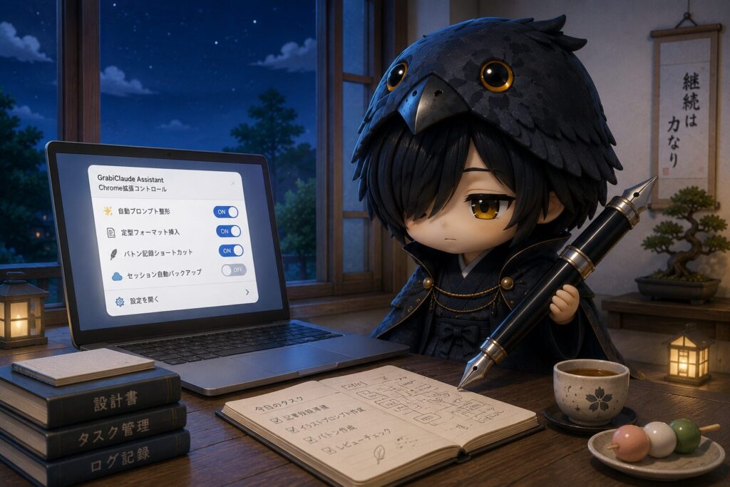  挿絵⑤・夜の作業机。画面にChrome拡張のポップアップUIが表示されていて、黒羽が巨大万年筆を軽く持ちながら画面を確認している。ポップアップにはシンプルなON/OFFスイッチが並んでいる。窓の外は夏前の夜空。