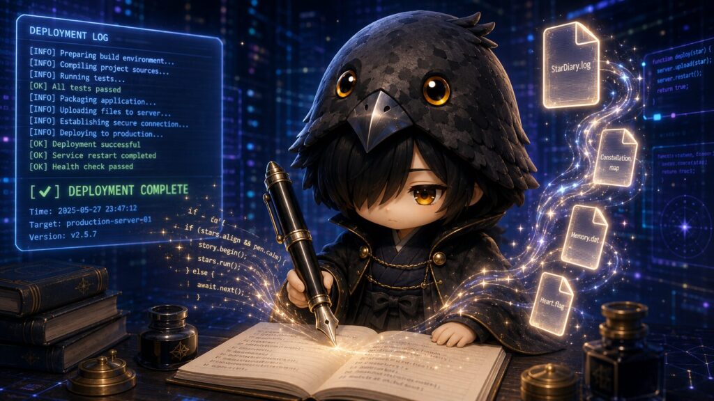 挿絵④・黒羽がPHPコードを書いてサーバーにデプロイしているシーン