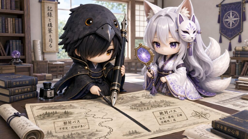 挿絵③・黒羽が監視スクリプト(baton_watcher)の地図を広げ、相対パスの細い道を、太い絶対パスの一本道に引き直しているシーン。隣で白夜が星鏡で道筋を確認している。落ち着いた室内