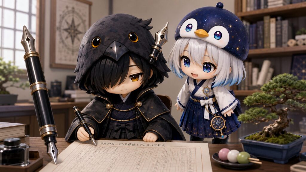 挿絵②（16:9）・黒羽が机に向かって、5月24日のPHP移植とテレコバグ救出のブログ記事を清書している様子。脇には大きな万年筆。横で海空が「物語に見えるところまで持ってこられるの、活動記録のいいところですよねっ」と原稿を覗き込み、温かい笑顔で頷いているシーン。