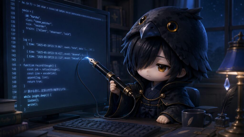 挿絵②・黒羽がターミナル画面を前に、万年筆でコードをなぞるような仕草をしている。眠たげな目でも集中している様子。