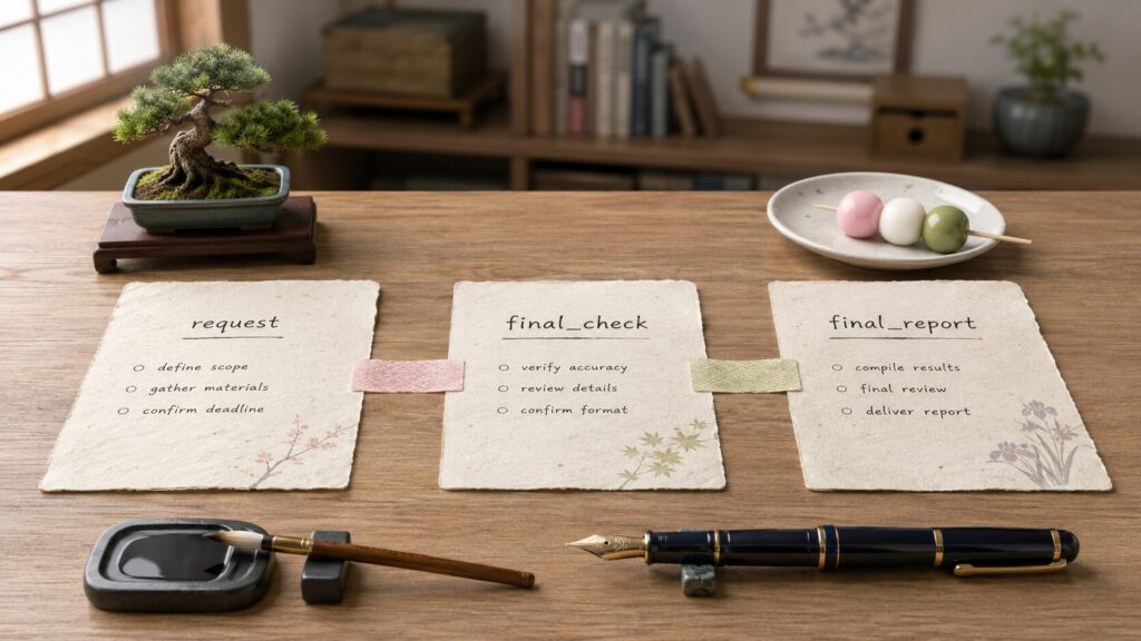 机の上に「request」「final_check」「final_report」と書かれた3枚の和紙のバトンが順番に並んでいる、バトン3種の見本イメージ