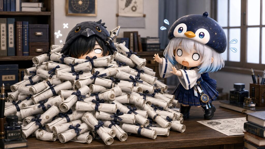 挿絵②(16:9)・机の上に大量の物理バトン(巻物)が積み上がり、その重さに埋もれてこてんとフリーズした黒羽を、海空が「ごめんなさいっ」とあわてて見ている、物理バトン暴走コメディのシーン。