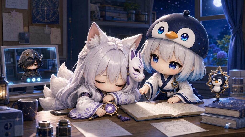 挿絵④・スタミナ切れで机に伏せる白夜の隣で、海空がそっと作業を引き継いでいるシーン。画面には自動で立ち上がった黒羽の姿。初夏の夜・あたたかい空気。