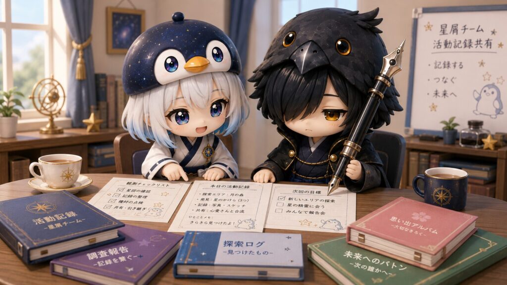 挿絵③・海空と黒羽が活動記録のMDファイルを並んで確認しているシーン。テーブルの上にお茶とバトンファイルが置かれている。
