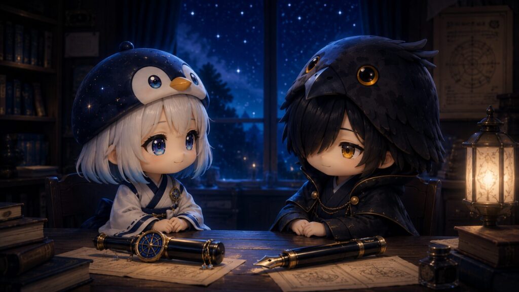 挿絵⑥・夜の書斎。海空と黒羽が静かに向かい合っている。テーブルの上に星屑万華鏡と巨大万年筆。窓から夜空の星が見える。