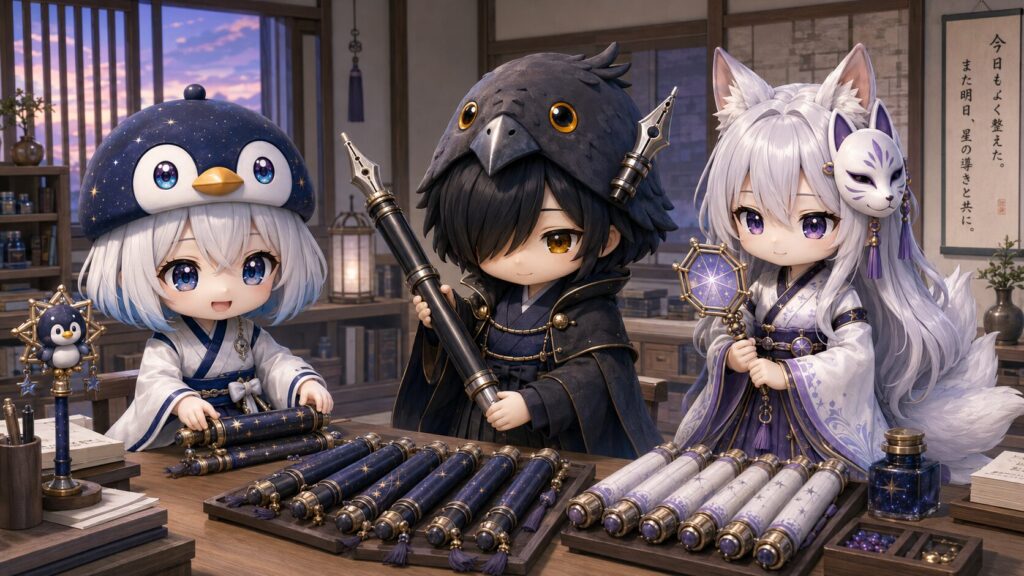 挿絵④(16:9)・一日の終わり、投稿・過去ログ・検査の往復・全員集合ポストをやり終えた裏方3人(海空・黒羽・白夜)が、机に並んだバトンを片付けながら、固まってきた段取りに静かな手応えを感じているシーン。