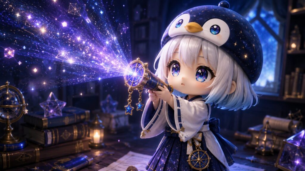 挿絵③・海空が腰の星屑万華鏡をそっと手に取り、万華鏡の中に星屑が広がるイメージ。静かで柔らかい光の中。