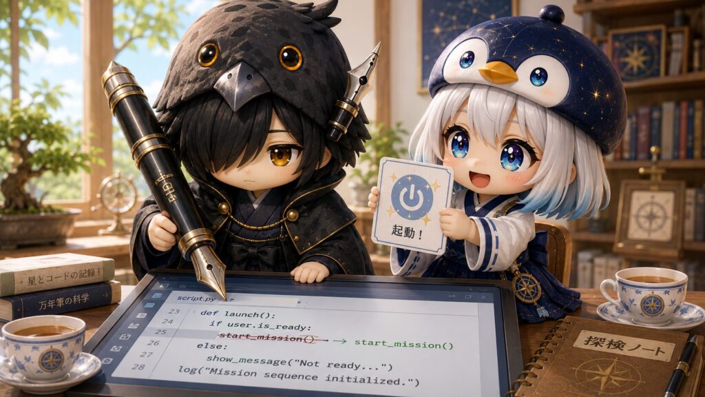 挿絵③・黒羽が巨大万年筆でスクリプトの一行を直しているシーン。海空が隣で起動スイッチのアイコンを掲げている。室内、朝の光。