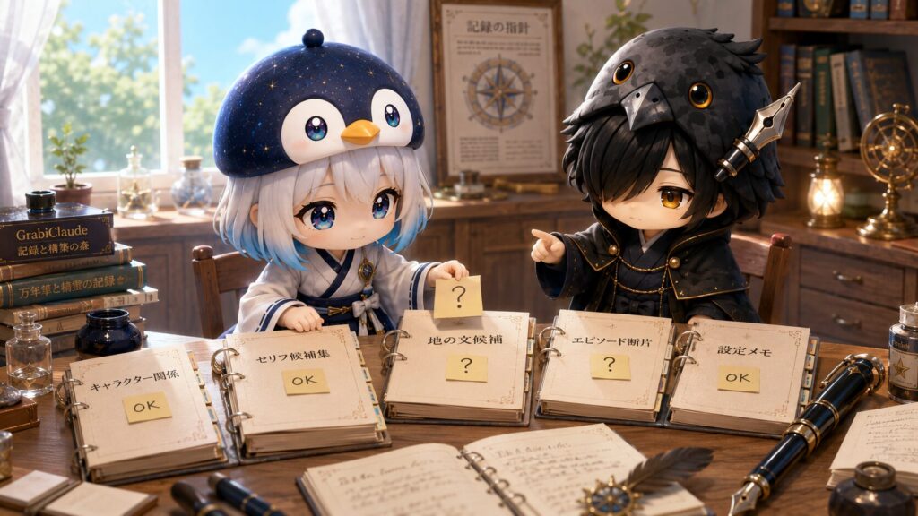 挿絵④・海空がファイル一覧を確認しながら、不確かな候補に「?」のメモを貼っている場面。黒羽が「確認できないなら入れない、でいい」と静かに言っている。