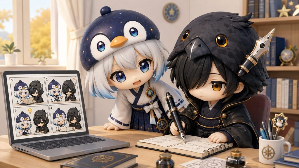 挿絵①・海空と黒羽が横長の4コマ画像プロンプトを画面で確認している場面。黒羽が万年筆でメモしながら、海空が画面をのぞき込んでいる。昼の明るい室内。