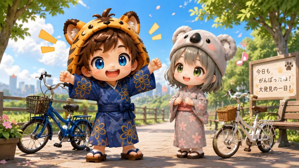 挿絵②・大雅が自転車から降りて両手を広げてガッツポーズをしているシーン。心愛が隣でにこにこしている。