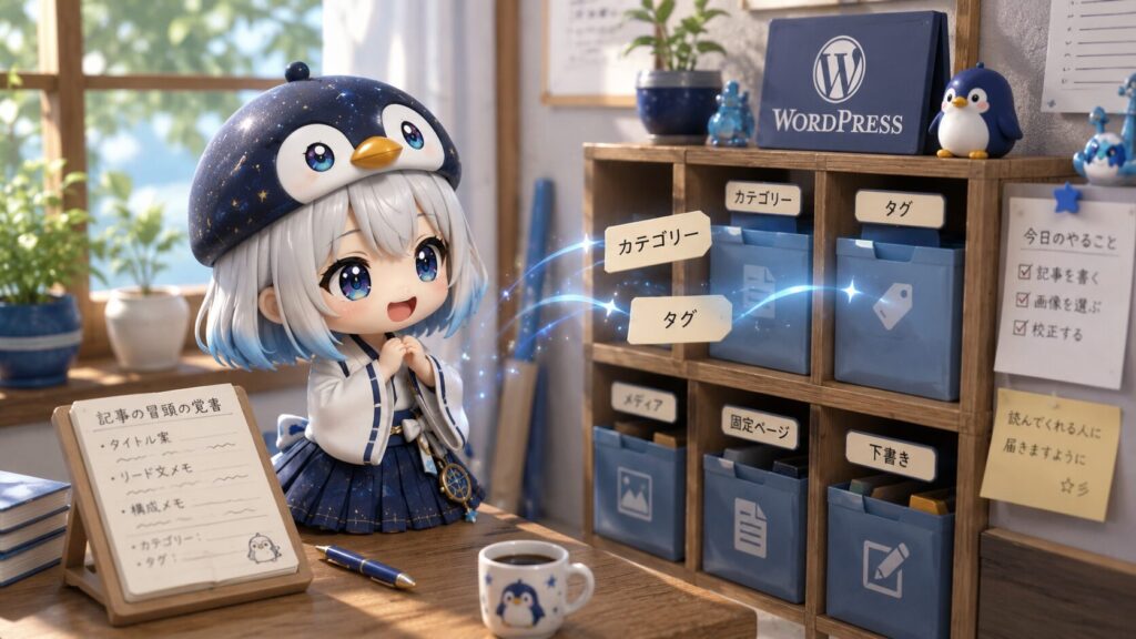 挿絵①・記事の冒頭の覚書から、カテゴリーとタグの札がぴょこんと飛び出してWordPressの棚にすっと収まっていくところを、海空が嬉しそうに眺めているシーン。初夏の室内・自然光。