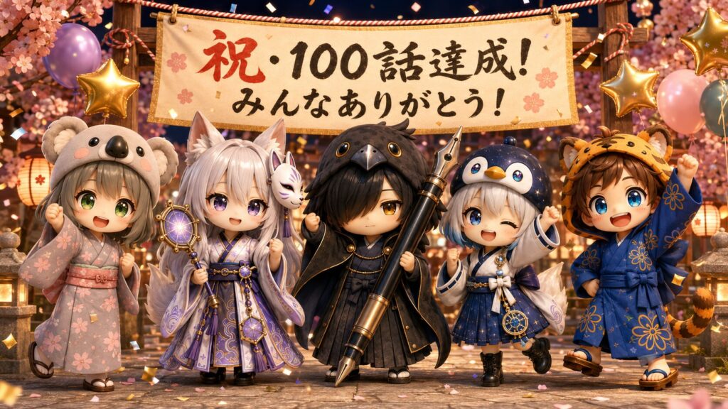 「祝・100話達成!みんなありがとう!」と書かれた温かなメッセージ旗を囲み、100話の想い出アルバムを開きながら笑顔でガッツポーズをする5人全員の風景