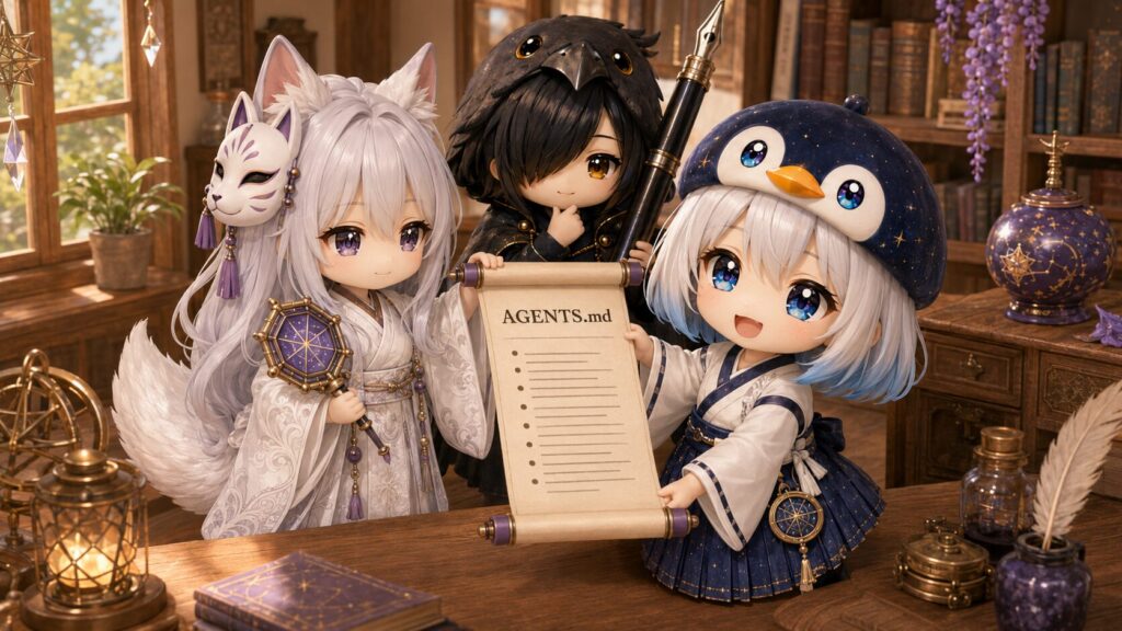 白夜と海空がスッキリと整理された「AGENTS.md」のスクロール紙を嬉しそうに広げており、後ろで黒羽がのんびりと見守っている様子。