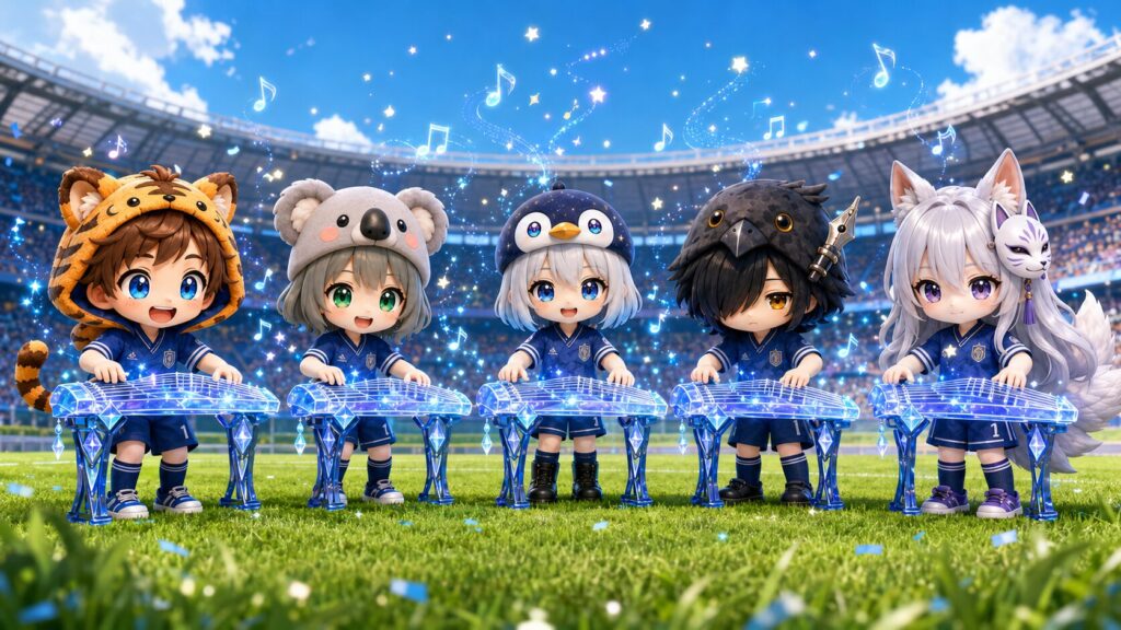 サッカースタジアムの芝生の上で、サムライブルー(青)のユニフォームを着た5人全員(大雅、心愛、海空、黒羽、白夜)が並び、それぞれの手元で青く光り輝く「琴」を楽しそうに爪弾いている、躍動感のある3D CGシーン。