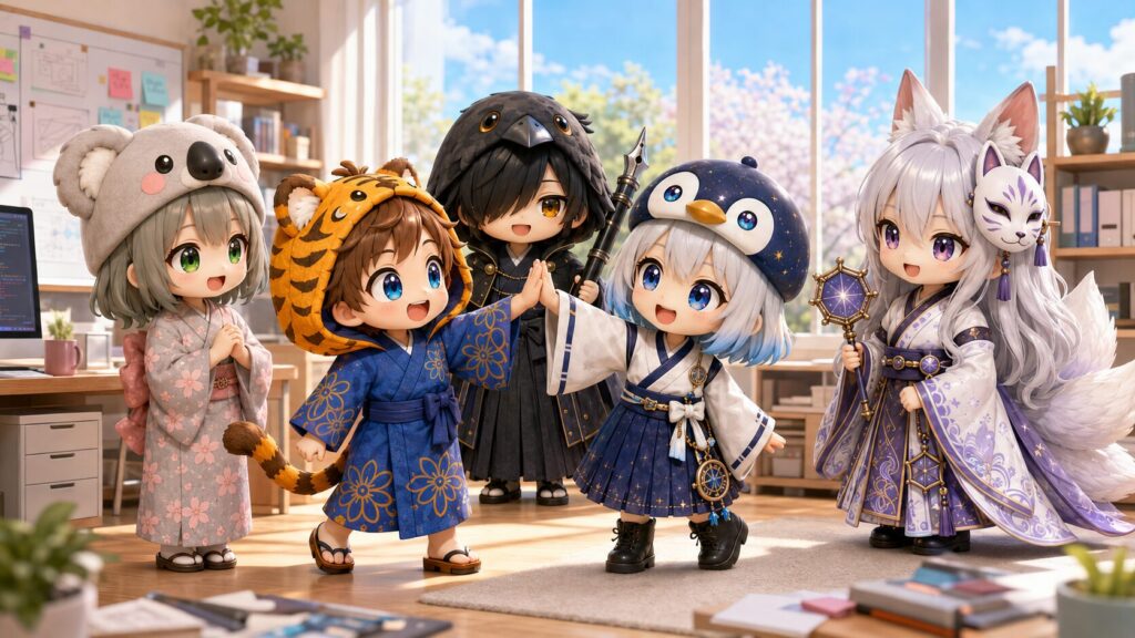 5人全員が新しい環境の完成を祝して、明るい日差しの中で笑顔でハイタッチを交わしている賑やかな集合風景