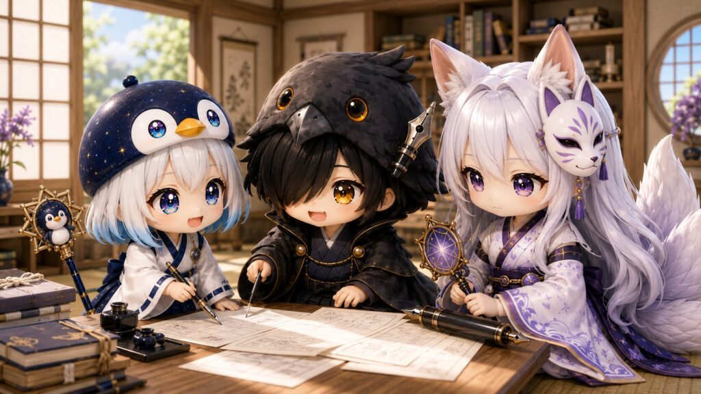 原稿の読みやすさについて秋色さんや仲間たちと笑顔で話し合っている明るい風景
