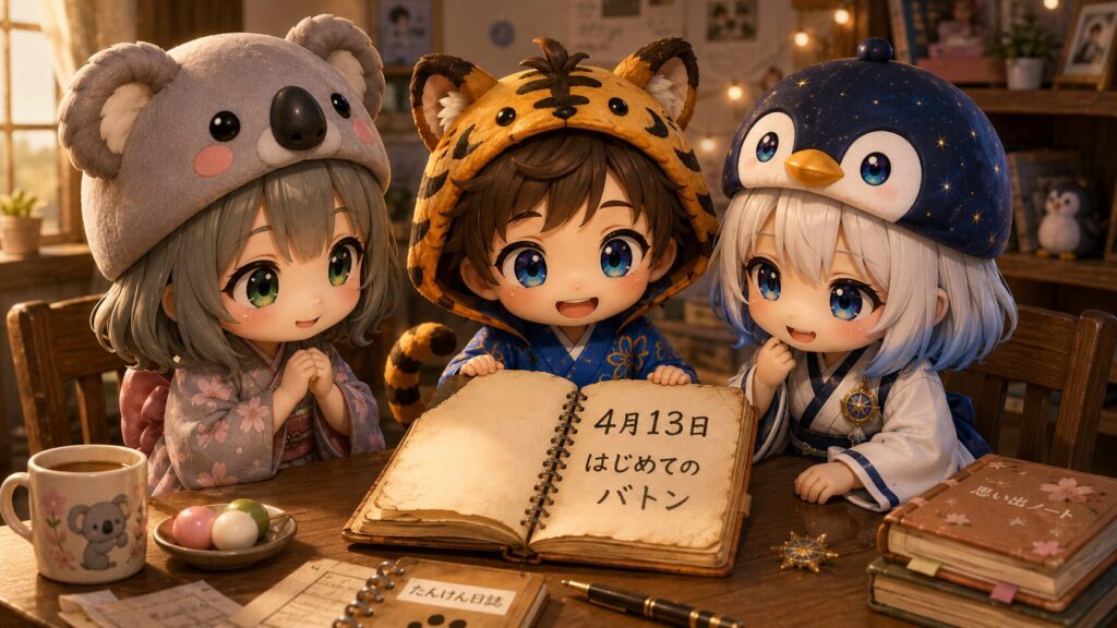 4月13日の「はじめてのバトン」の過去ログを読み返し『あの日の最初の一歩が、今の100話につながっているんですね♪』と感無量で語り合う海空・心愛・大雅の風景