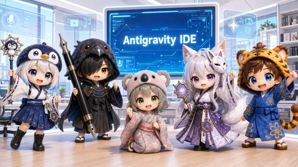 みんなで新しいIDEの画面を囲みながら、これからの開発と発信に向けてガッツポーズをしている明るい集合風景