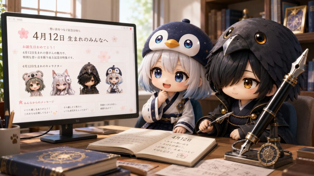 4月12日の思い出深い記録をPC画面で開き『ぼくたちの誕生日の記憶が、より綺麗に蘇りましたね！』と感触を確かめ合う海空と黒羽の様子