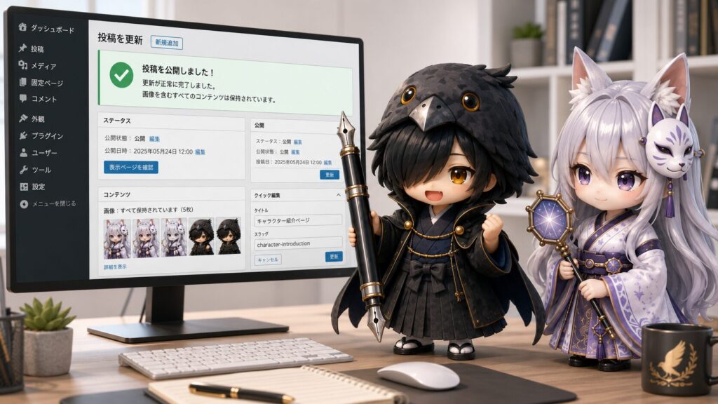 更新された本番WP画面を確認し『既存の画像も守られて、完璧な仕上がりです！』とガッツポーズをする黒羽と優しく微笑む白夜の風景