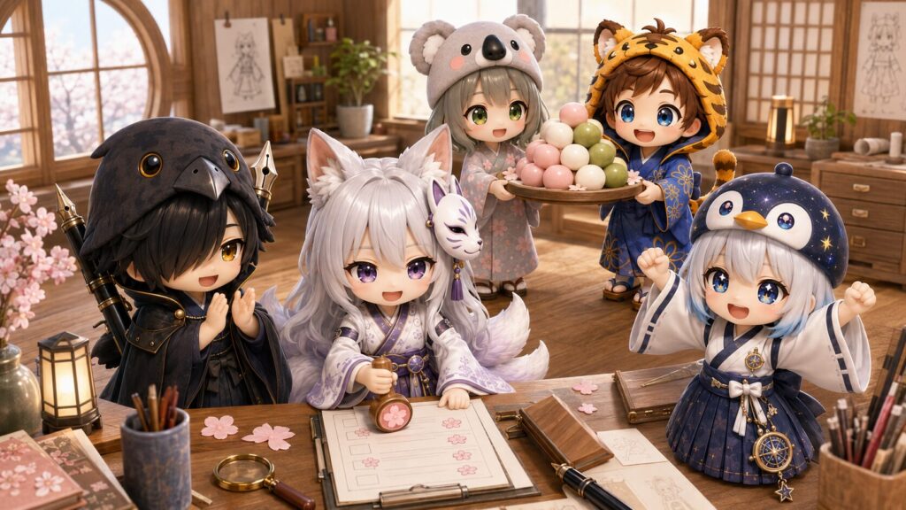 白夜が笑顔で合格スタンプ(桜のマーク)をチェックリストに押し、黒羽と海空が嬉しそうに拍手し、心愛と大雅がお祝いのお団子を持ってお祝いしている様子。
