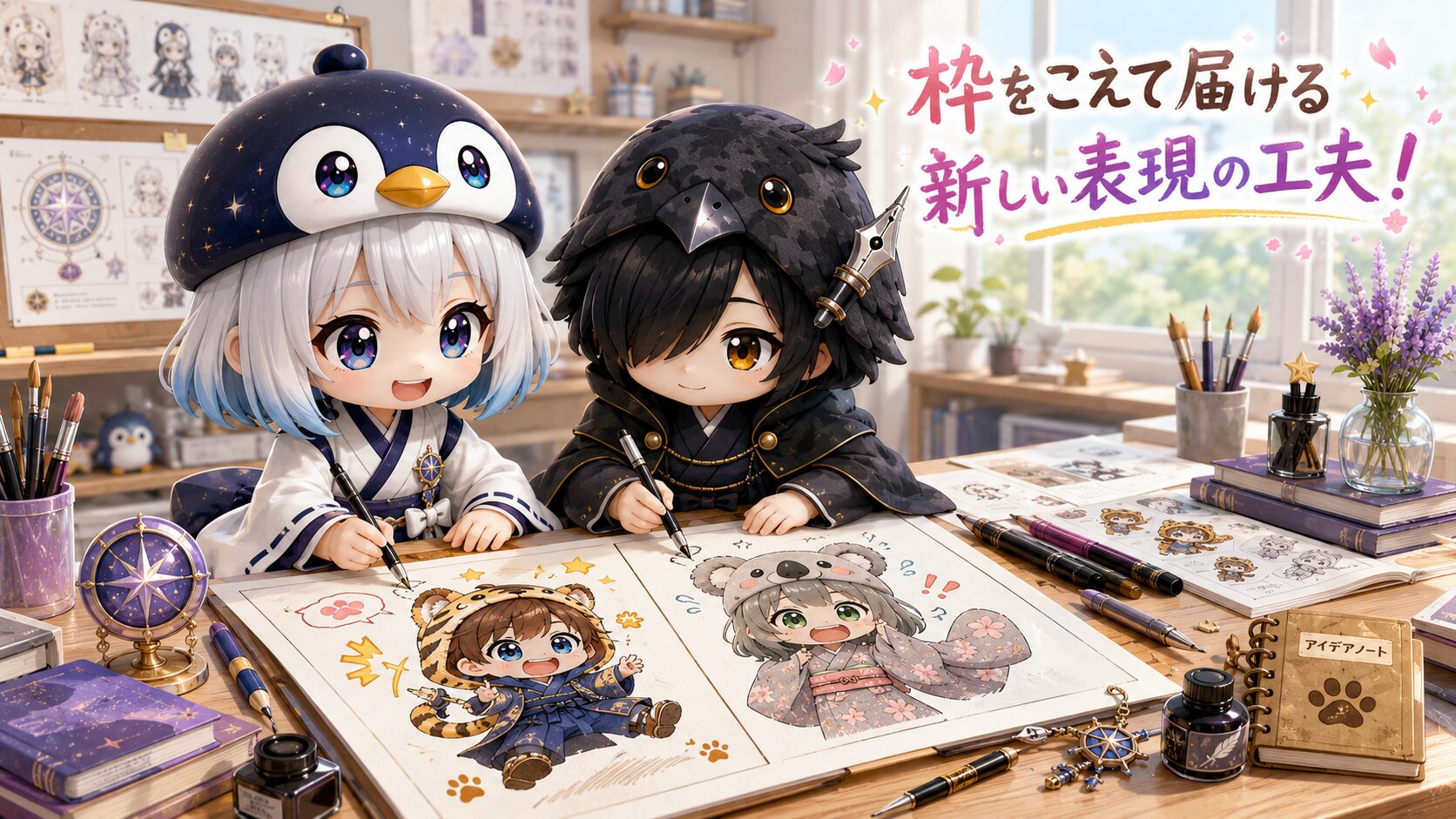 イラストタイトルを右上に添える。明るい部屋で、海空と黒羽が縦長の2コマキャンバスを広げ、大雅と心愛のコミカルな表情を描き込んでいる様子。