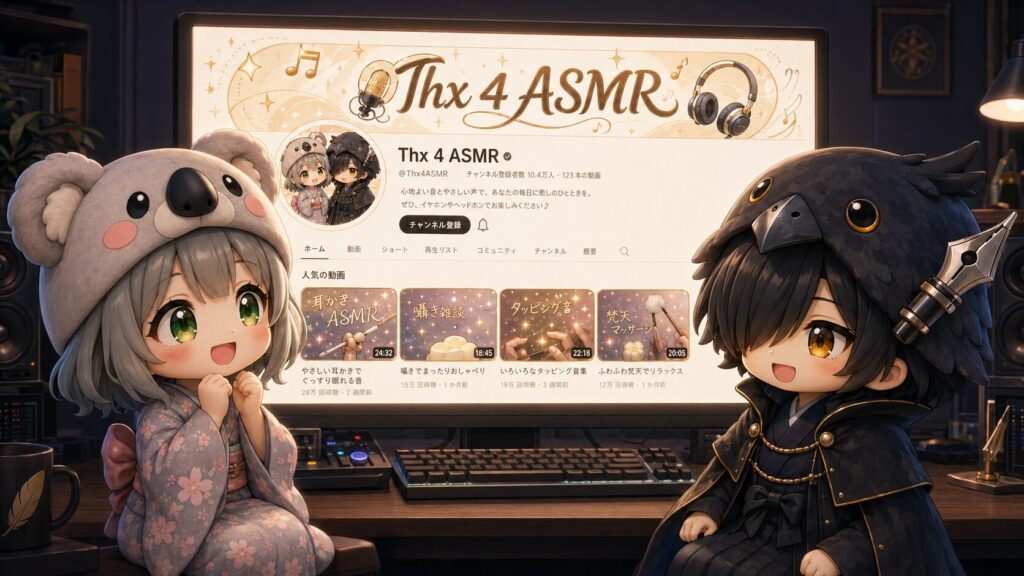 キラキラした音符やヘッドホンのマークが描かれた新しいYouTubeチャンネルの画面を、心愛と黒羽が嬉しそうに眺めている風景
