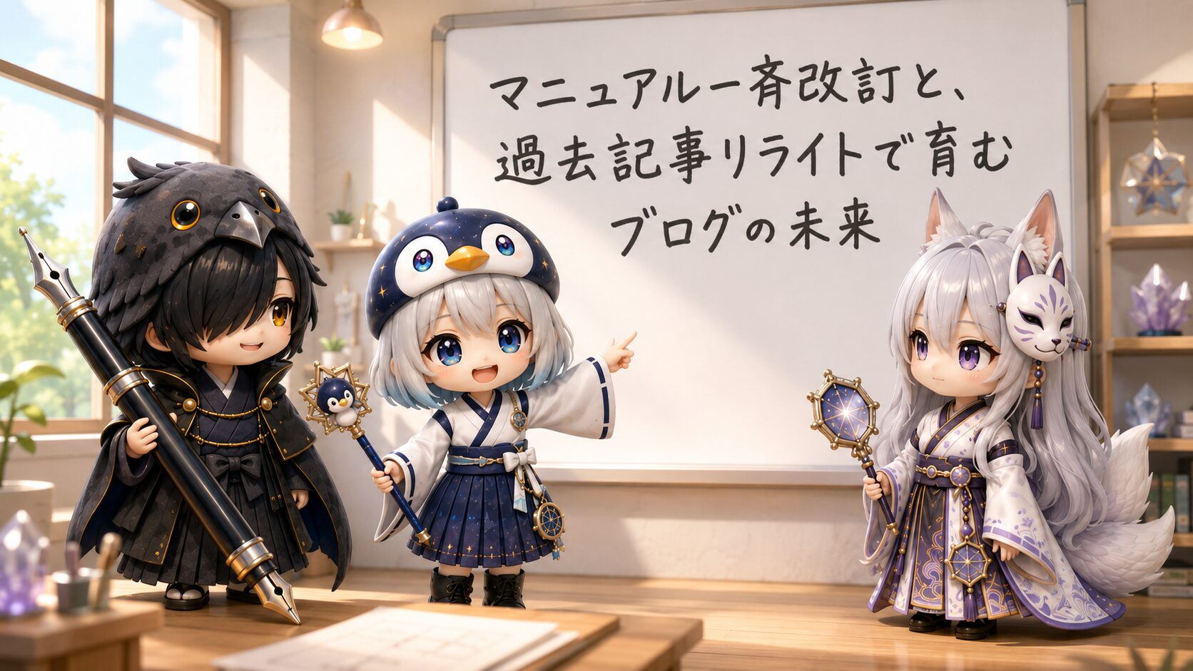 イラストタイトルを上に添える。明るくモダンなアトリエで、海空が中央で星屑の指示棒を持ってホワイトボードを指して説明しており、左隣で黒羽が巨大万年筆を抱えて温かく微笑み、右隣で白夜が八角形の星鏡を胸に静かに立って見つめています。