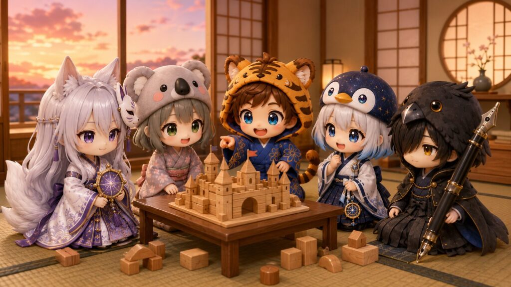 みんなで作った積み木のお城をローテーブルに置き、大雅が誇らしげに指差し、全員がそれを見つめてワイワイと楽しそうに話している日常風景