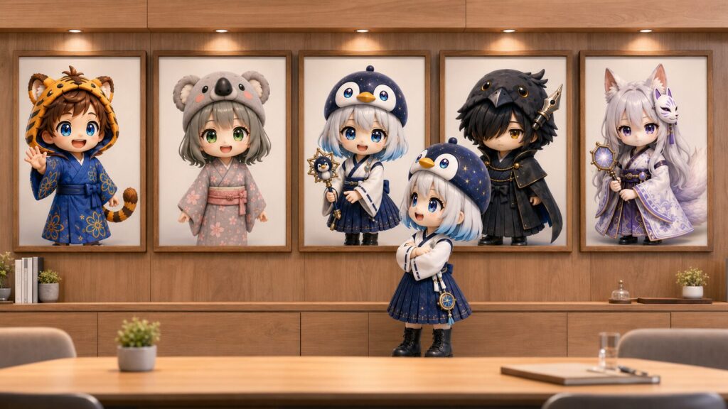 作業部屋の壁に5人全員の3D CG調のプロフィール画像が並べて貼られている