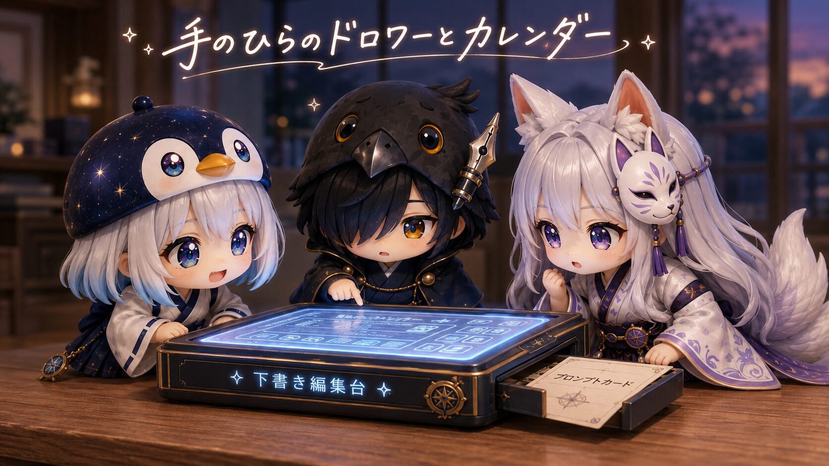 「手のひらのドロワーとカレンダー」をテーマに、大きな机の上に置かれた「下書き編集台」の光るディスプレイを覗き込む海空・黒羽・白夜の3人。画面の右側からはプロンプトのカードが引き出され、中央には温かみのある光を放つカレンダーが浮かび上がっているファンタジーで温かみのある3D CGシーン。